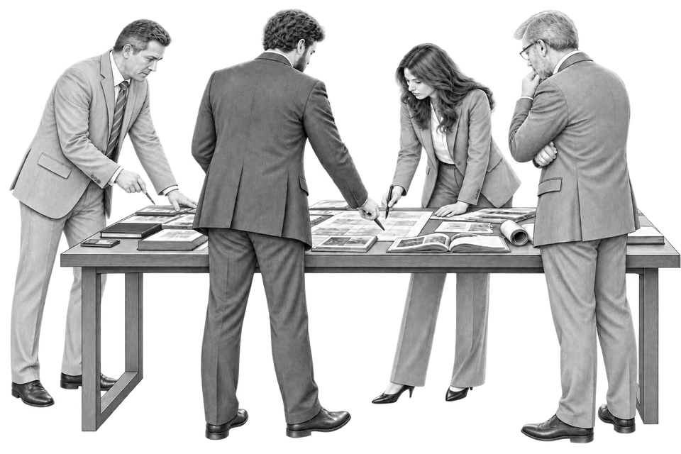 Illustration of four professionals reviewing documents together around a table