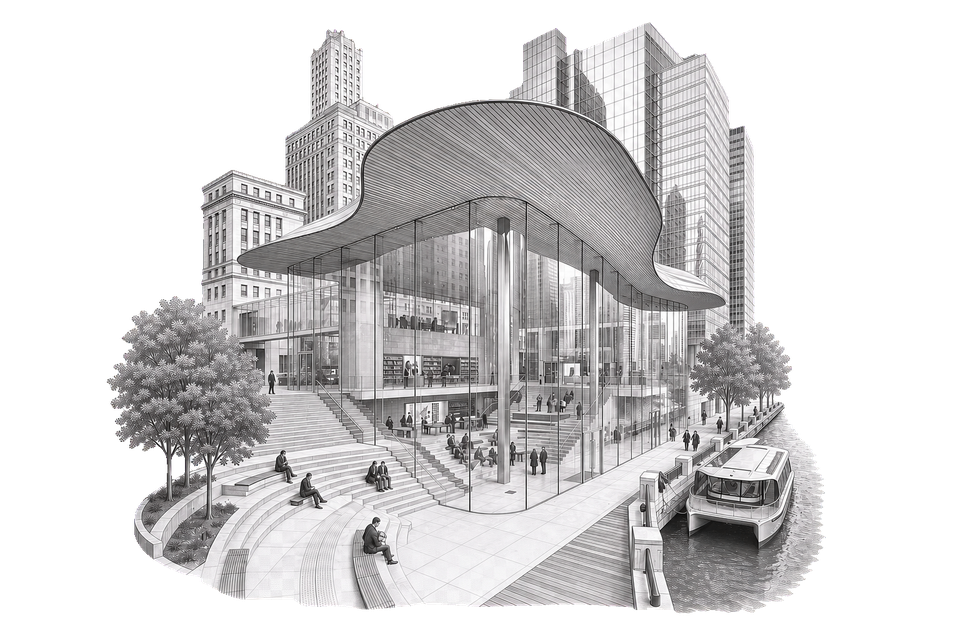 Architectural line-drawing of a glass-walled building with a sweeping curved roof beside a riverfront promenade, framed by city skyscrapers, trees, and pedestrians on the surrounding steps