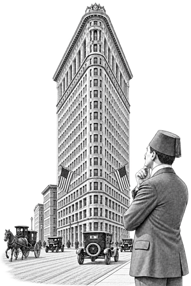 Historical illustration of the Flatiron Building in New York, with a pedestrian in the foreground and horse-drawn and early automobile traffic on the street below