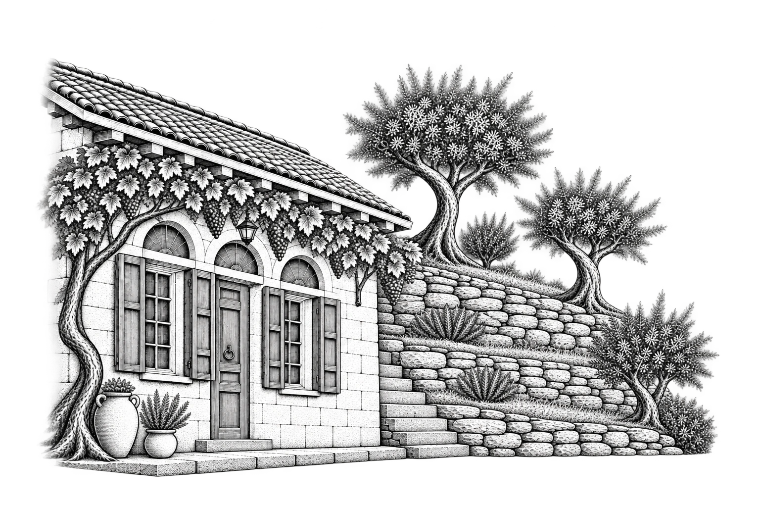 Engraved illustration of a traditional Lebanese stone house with a tiled roof and arched windows, a climbing vine across its facade, and dry-stone terraces planted with olive trees